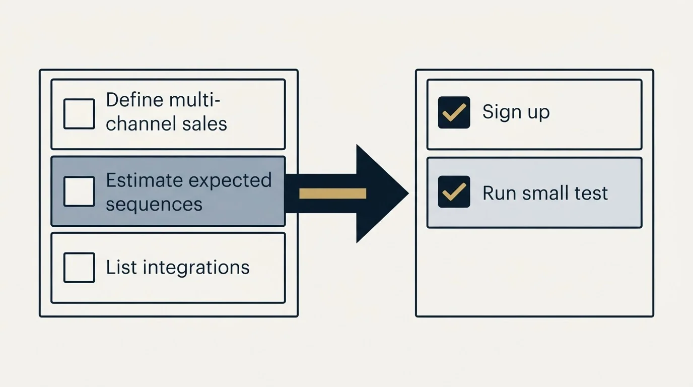 Before-and-after steps: Getting Started Checklist (Define multi-channel sales, Estimate expected sequences, List integrations, Sign up)