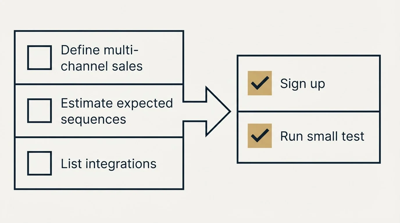 Before-and-after steps: Getting Started Checklist (Define multi-channel sales, Estimate expected sequences, List integrations, Sign up)