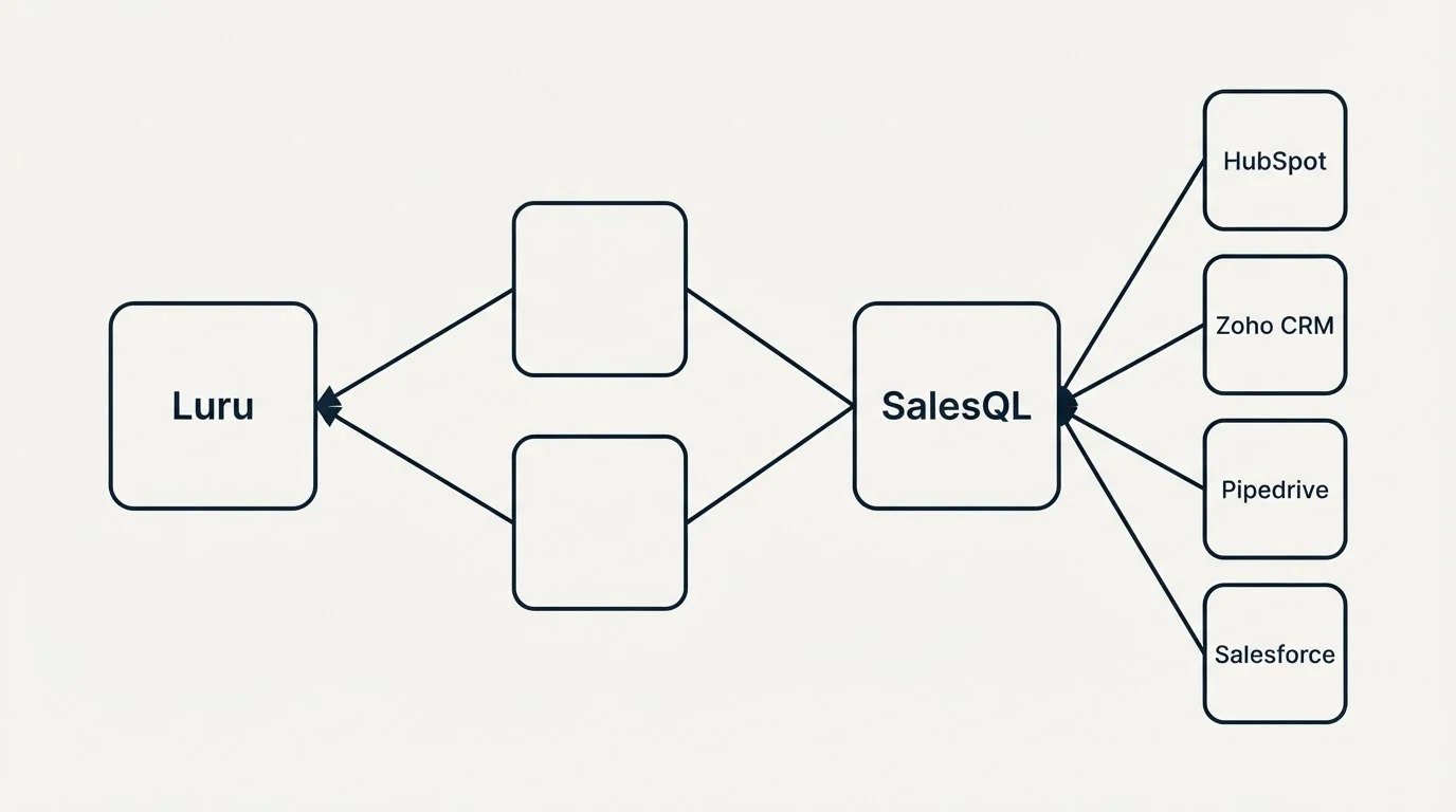 Integration schematic: Integration Ecosystem (Luru, SalesQL, HubSpot, Zoho CRM)