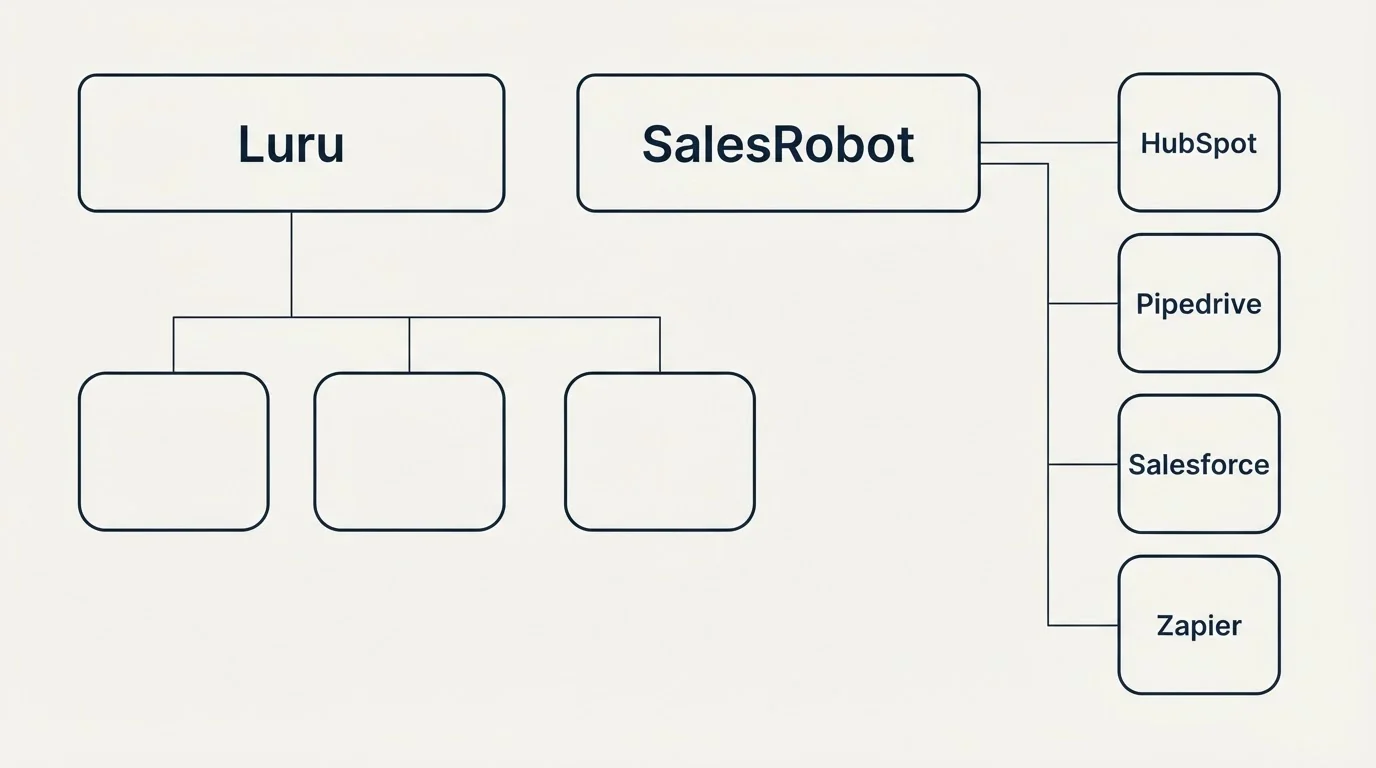 Integration grid: Integration Ecosystem (Luru, SalesRobot, HubSpot, Pipedrive)