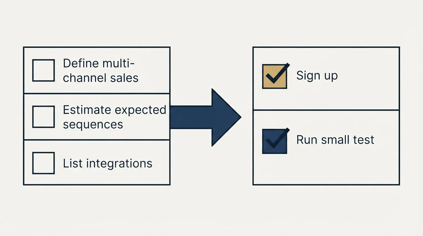 Before-and-after steps: Getting Started Checklist (Define multi-channel sales, Estimate expected sequences, List integrations, Sign up)