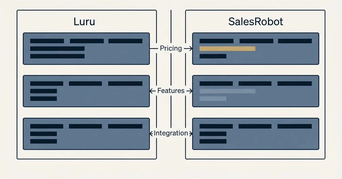 Comparison panel: Luru vs SalesRobot (Pricing, Features, Integration)