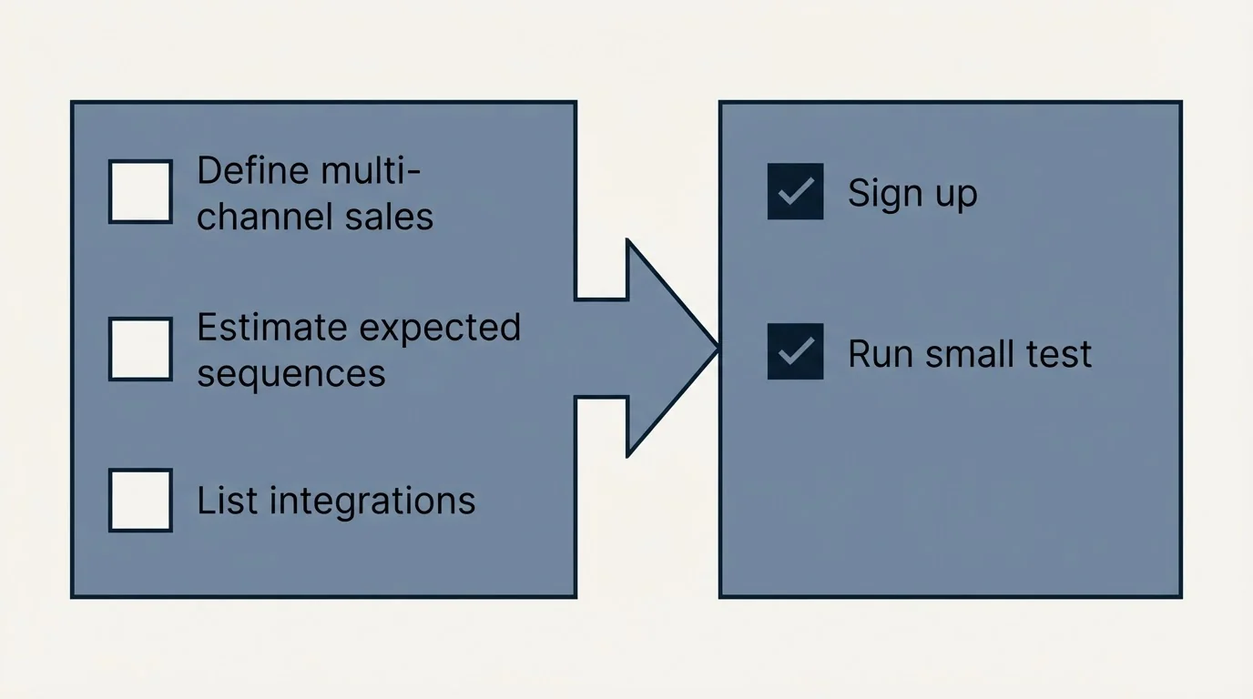 Before-and-after steps: Getting Started Checklist (Define multi-channel sales, Estimate expected sequences, List integrations, Sign up)