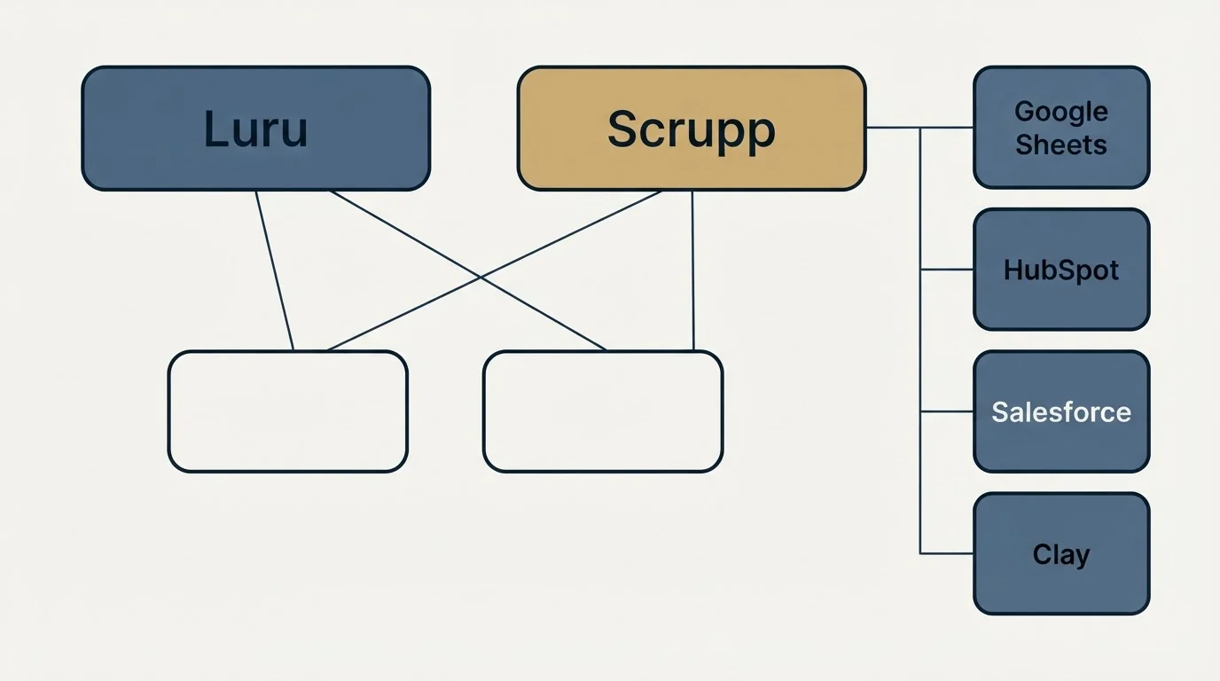 Integration grid: Integration Ecosystem (Luru, Scrupp, Google Sheets, HubSpot)