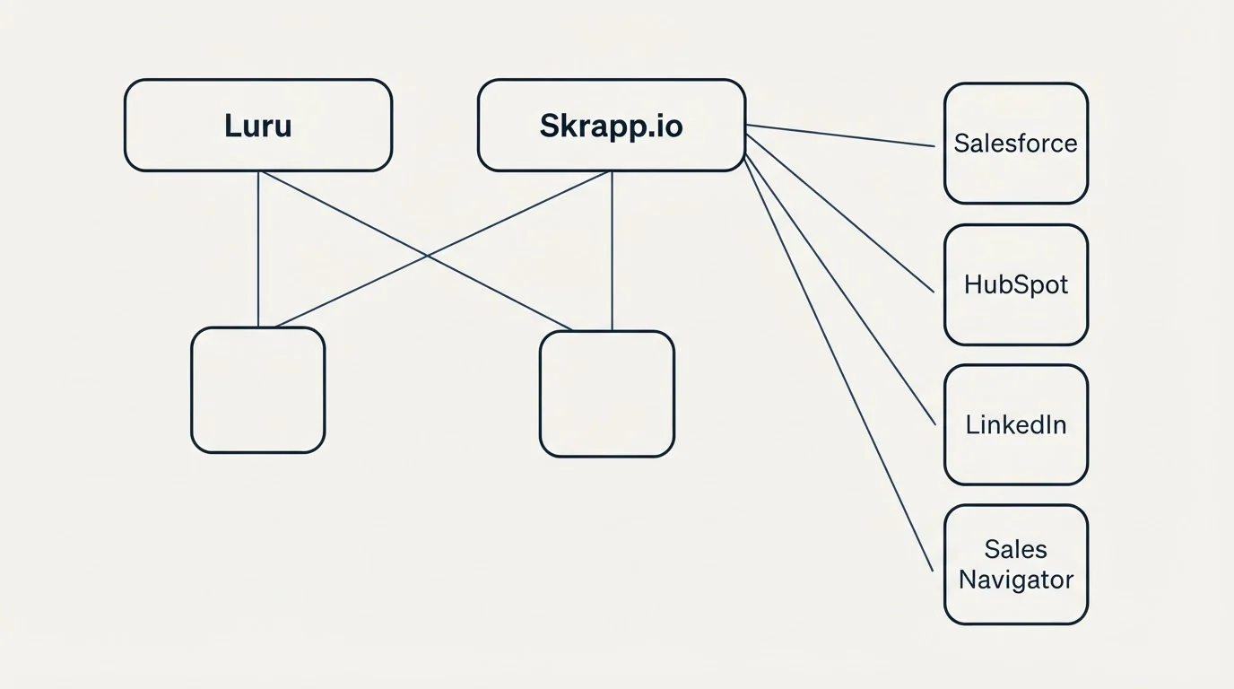 Integration grid: Integration Ecosystem (Luru, Skrapp.io, Salesforce, HubSpot)