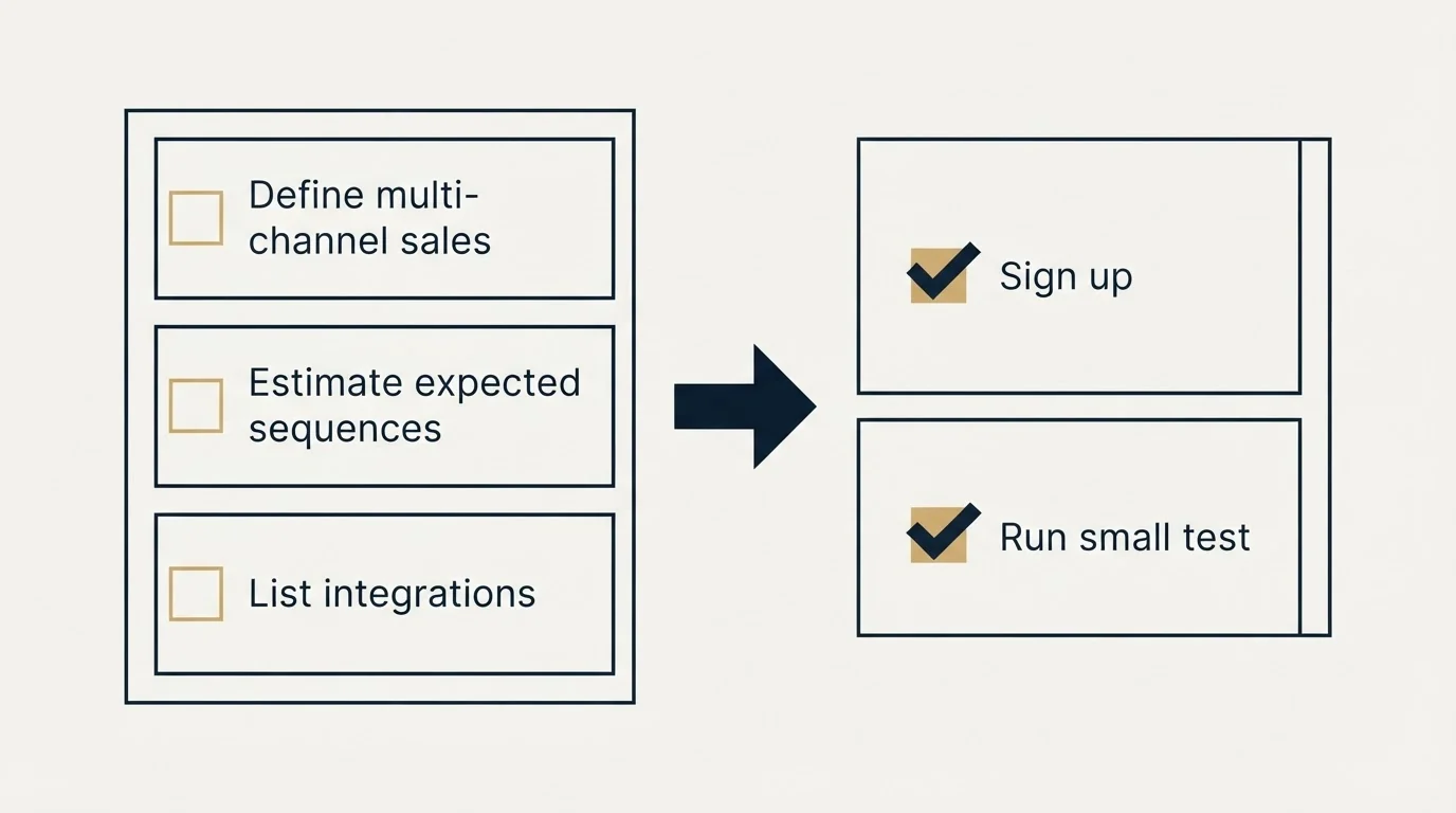 Before-and-after steps: Getting Started Checklist (Define multi-channel sales, Estimate expected sequences, List integrations, Sign up)