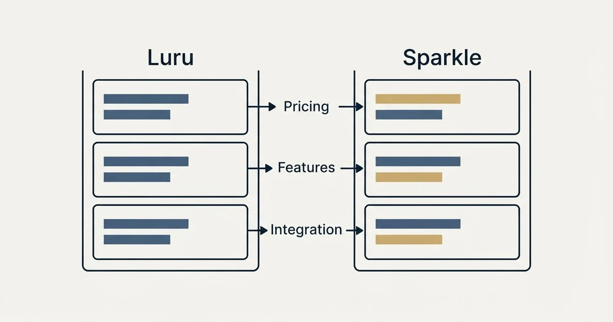 Comparison panel: Luru vs Sparkle (Pricing, Features, Integration)