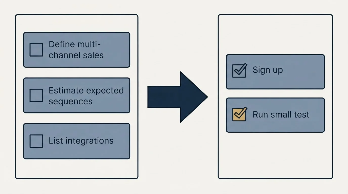 Before-and-after steps: Getting Started Checklist (Define multi-channel sales, Estimate expected sequences, List integrations, Sign up)