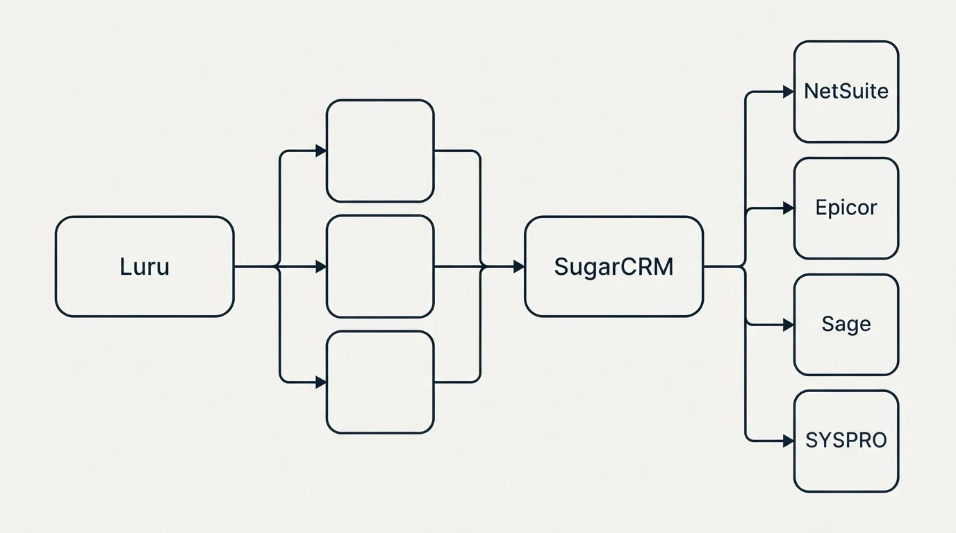 Integration flow: Integration Ecosystem (Luru, SugarCRM, NetSuite, Epicor)