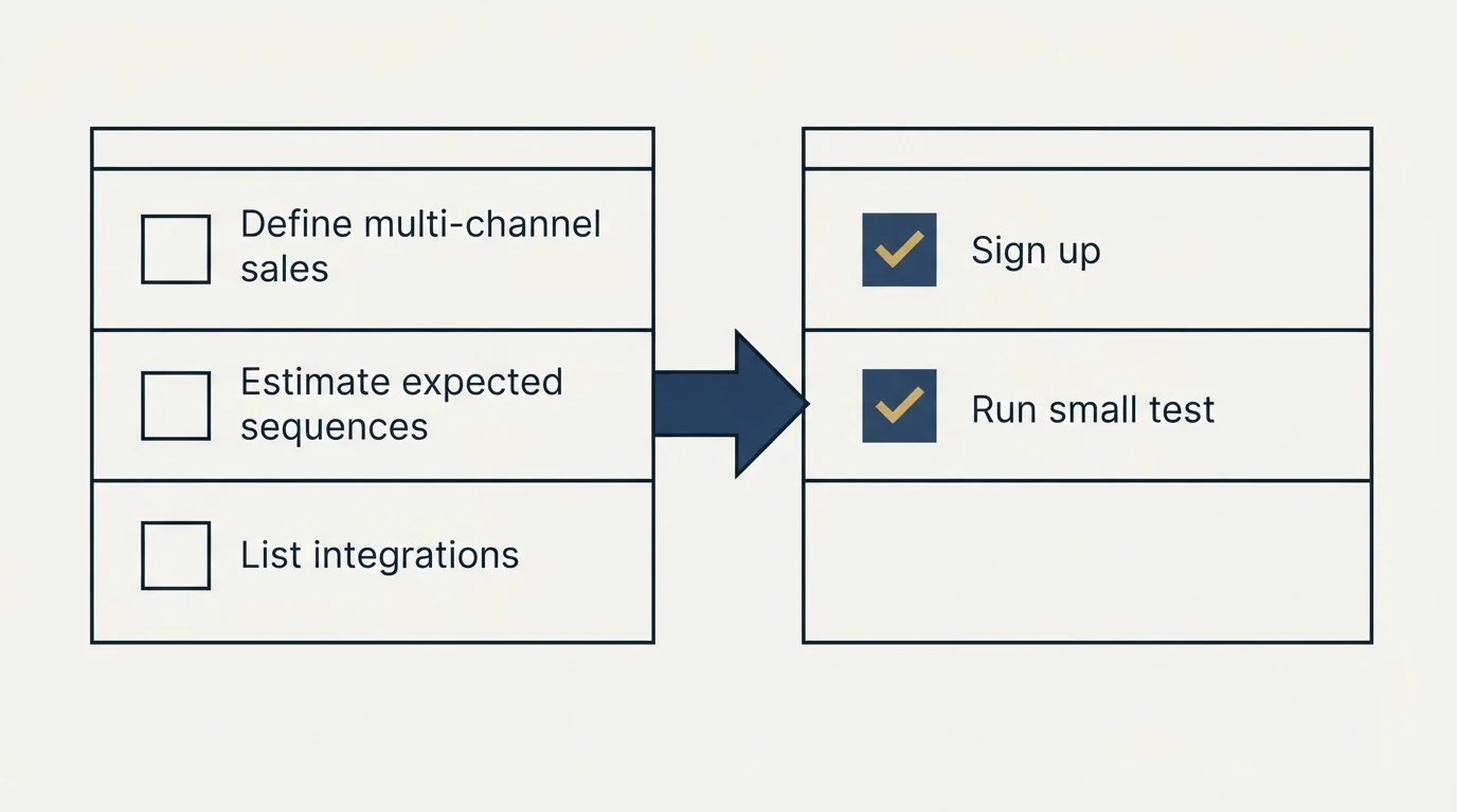 Before-and-after steps: Getting Started Checklist (Define multi-channel sales, Estimate expected sequences, List integrations, Sign up)