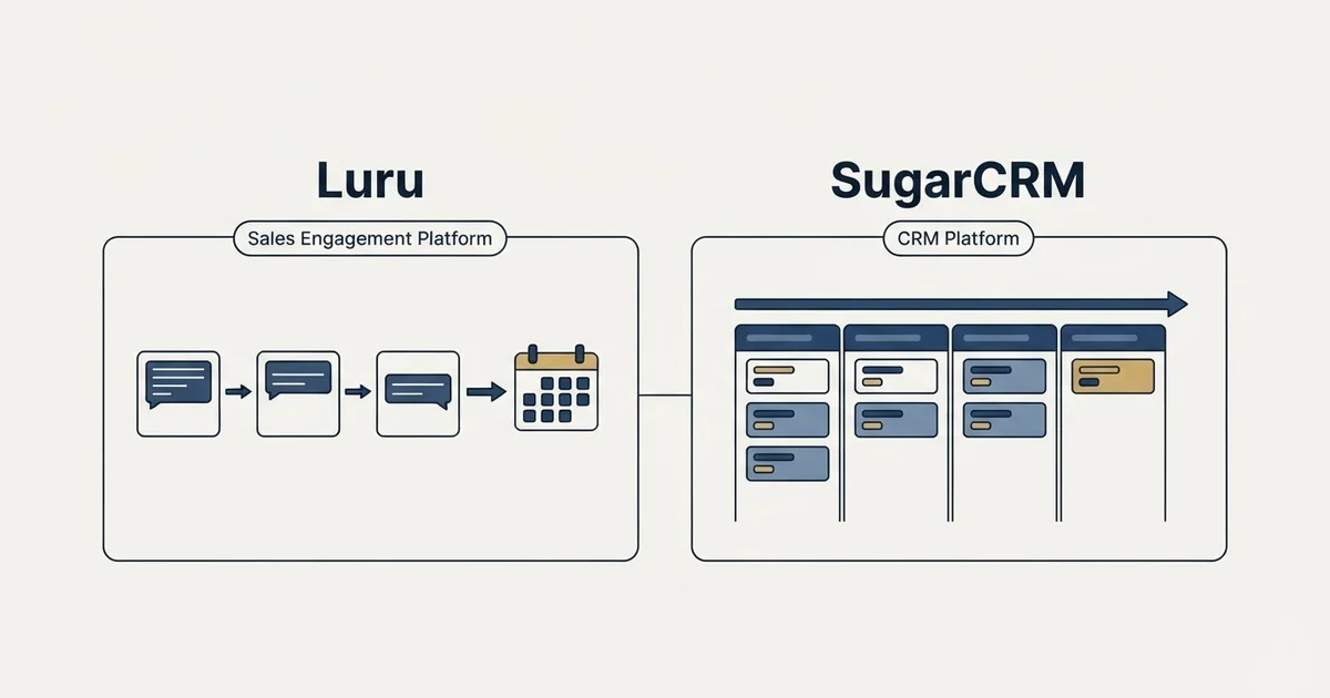 Side-by-side panels: Luru vs SugarCRM (Sales Engagement Platform, CRM Platform)