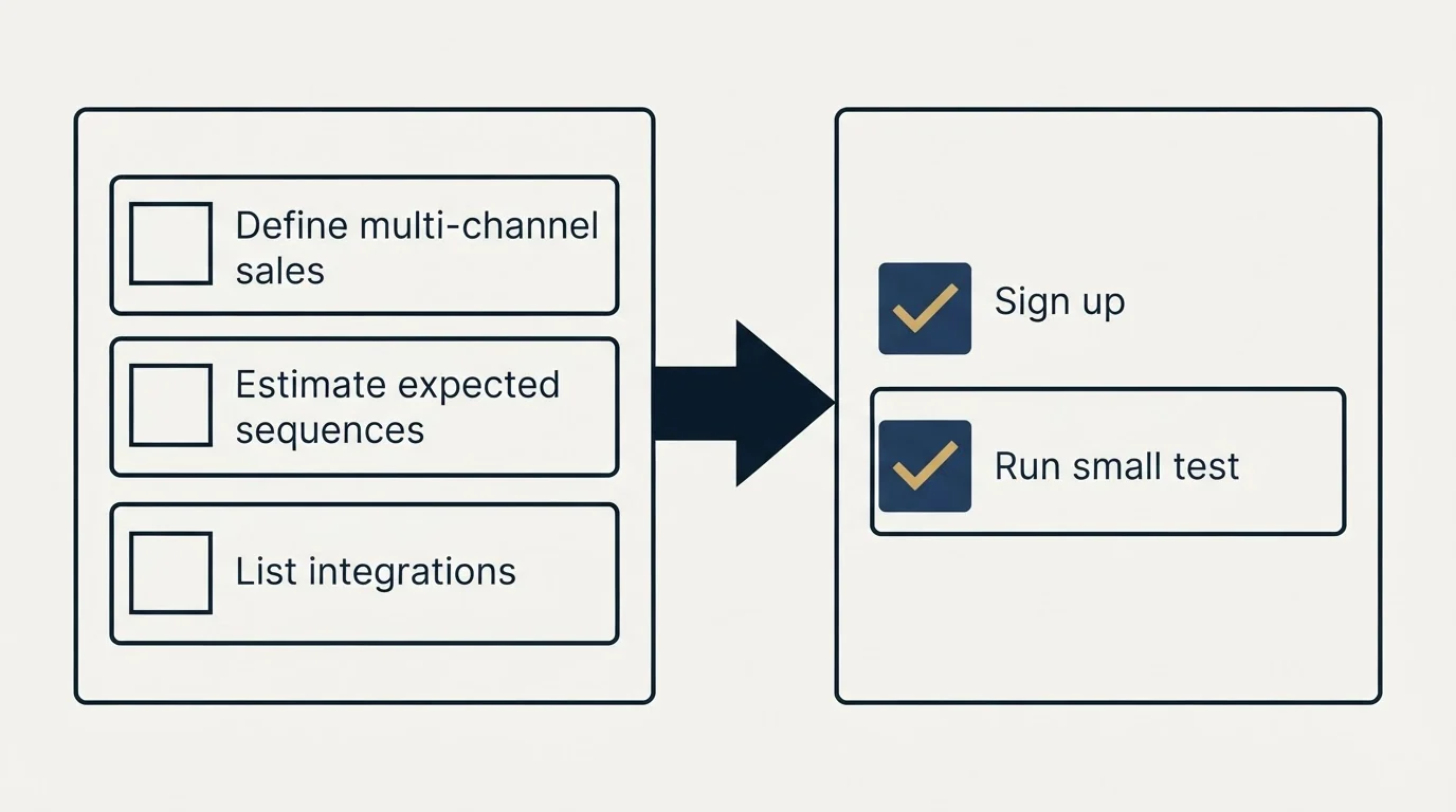 Before-and-after steps: Getting Started Checklist (Define multi-channel sales, Estimate expected sequences, List integrations, Sign up)
