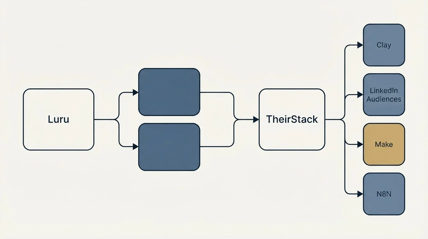 Integration schematic: Integration Ecosystem (Luru, TheirStack, Clay, LinkedIn Audiences)