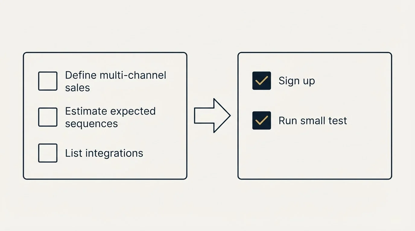 Before-and-after steps: Getting Started Checklist (Define multi-channel sales, Estimate expected sequences, List integrations, Sign up)