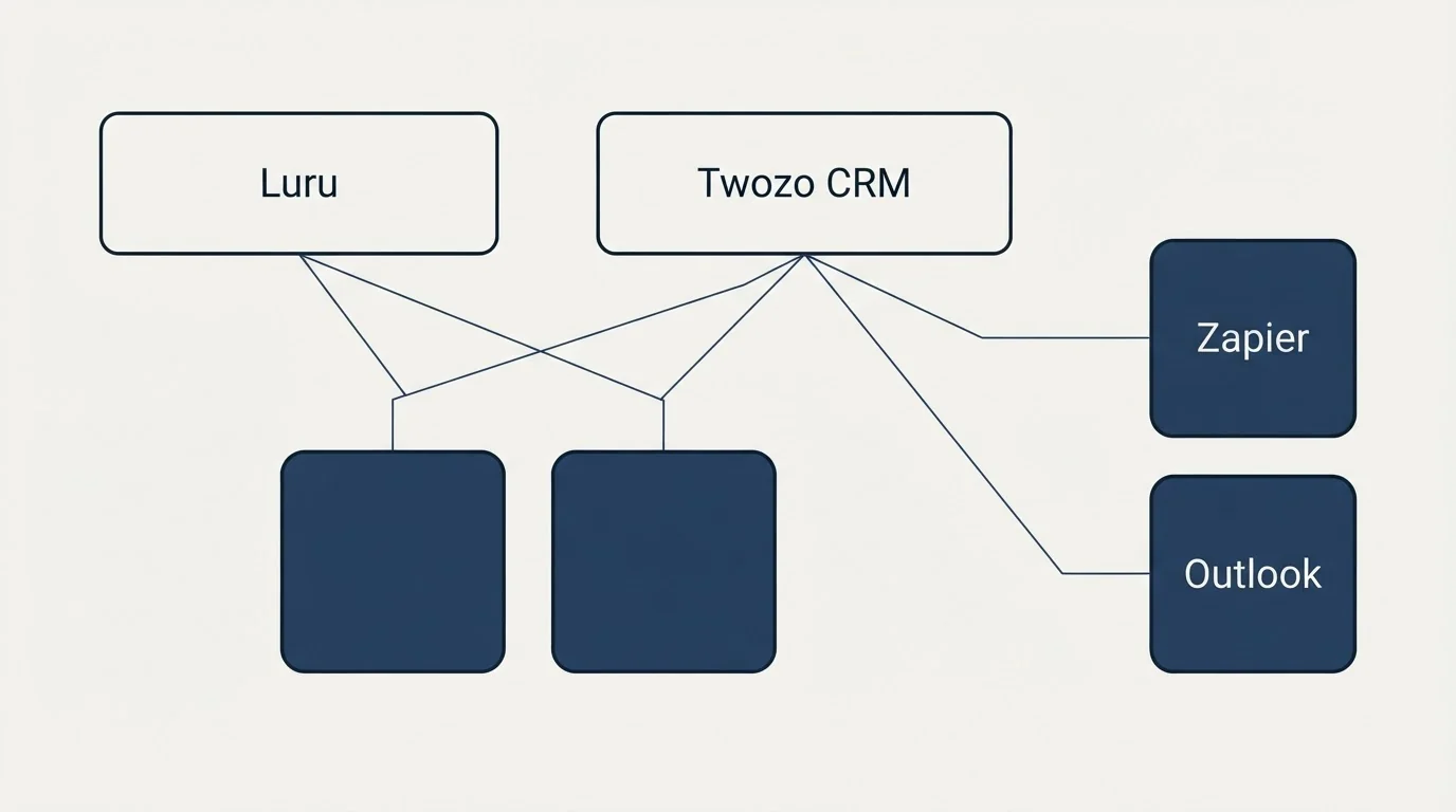 Integration grid: Integration Ecosystem (Luru, Twozo CRM, Zapier, Outlook)