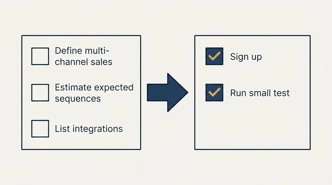 Before-and-after steps: Getting Started Checklist (Define multi-channel sales, Estimate expected sequences, List integrations, Sign up)
