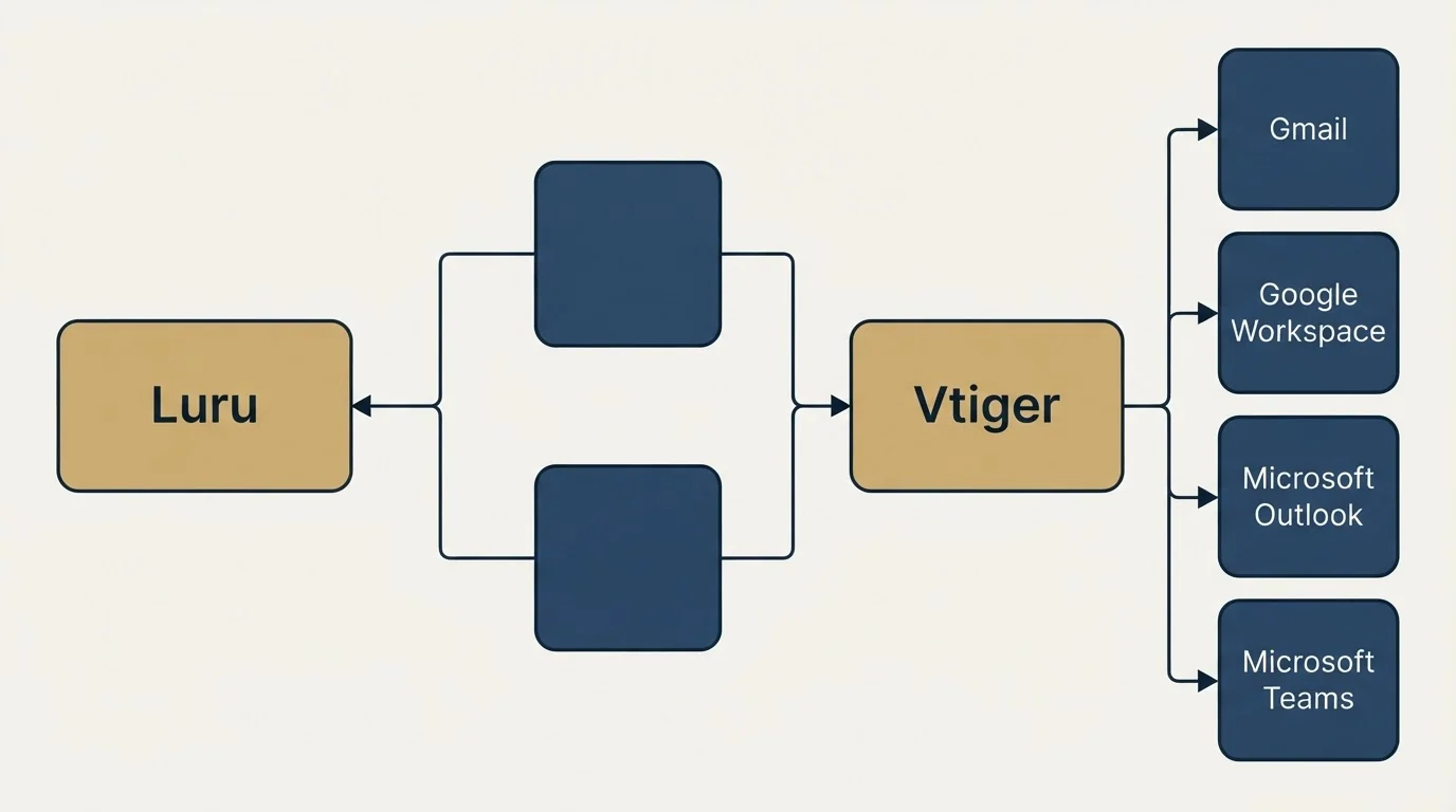 Integration flow: Integration Ecosystem (Luru, Vtiger, Gmail, Google Workspace)