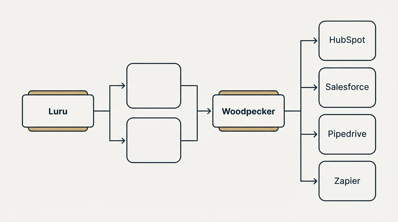Integration flow: Integration Ecosystem (Luru, Woodpecker, HubSpot, Salesforce)