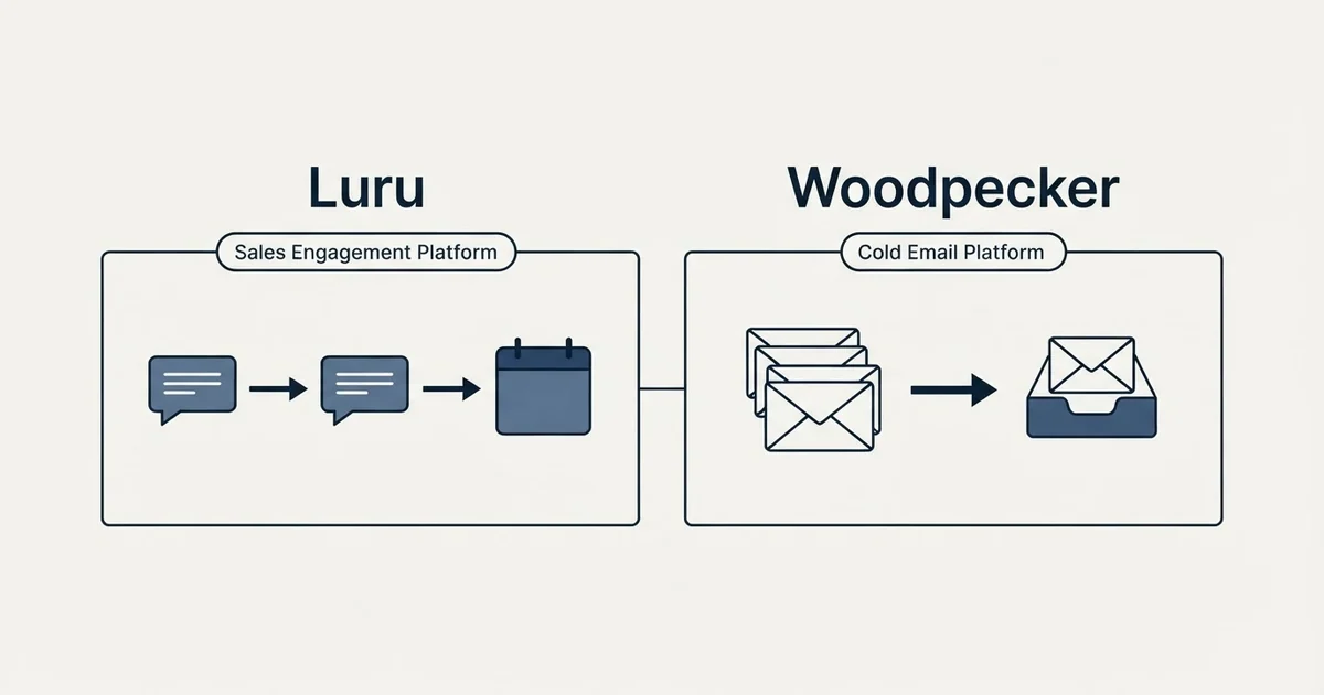 Side-by-side panels: Luru vs Woodpecker (Sales Engagement Platform, Cold Email Platform)