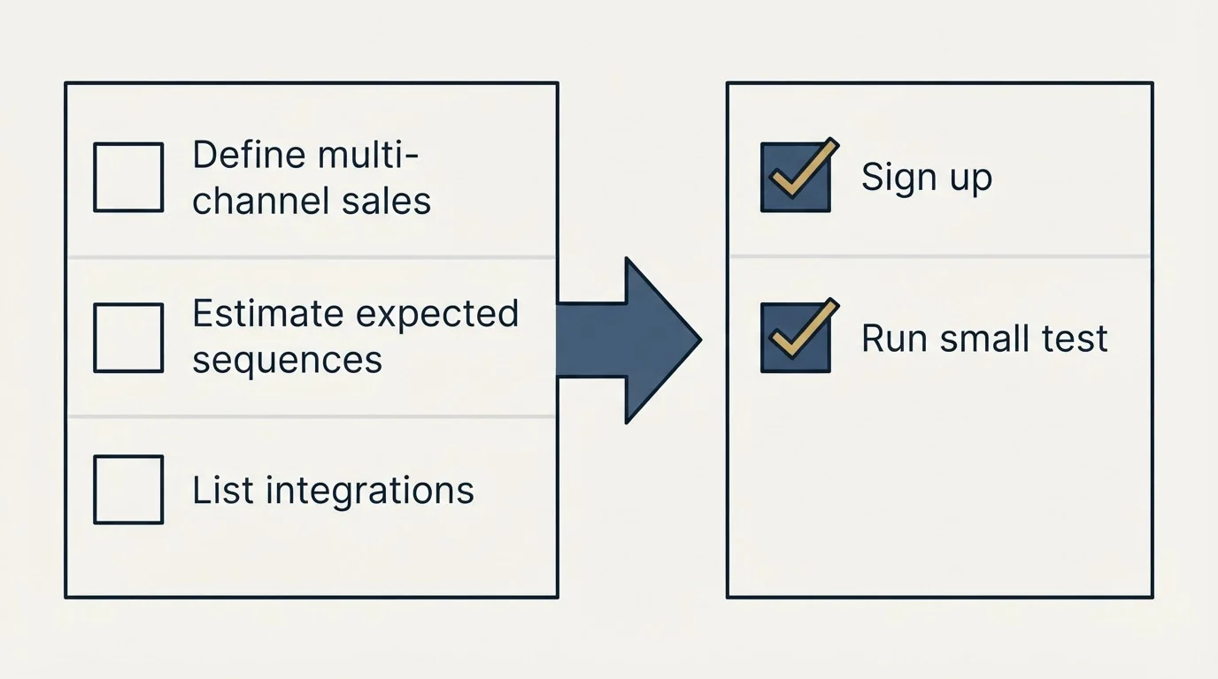 Before-and-after steps: Getting Started Checklist (Define multi-channel sales, Estimate expected sequences, List integrations, Sign up)
