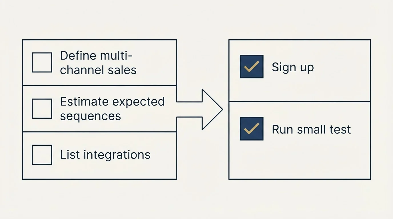 Before-and-after steps: Getting Started Checklist (Define multi-channel sales, Estimate expected sequences, List integrations, Sign up)