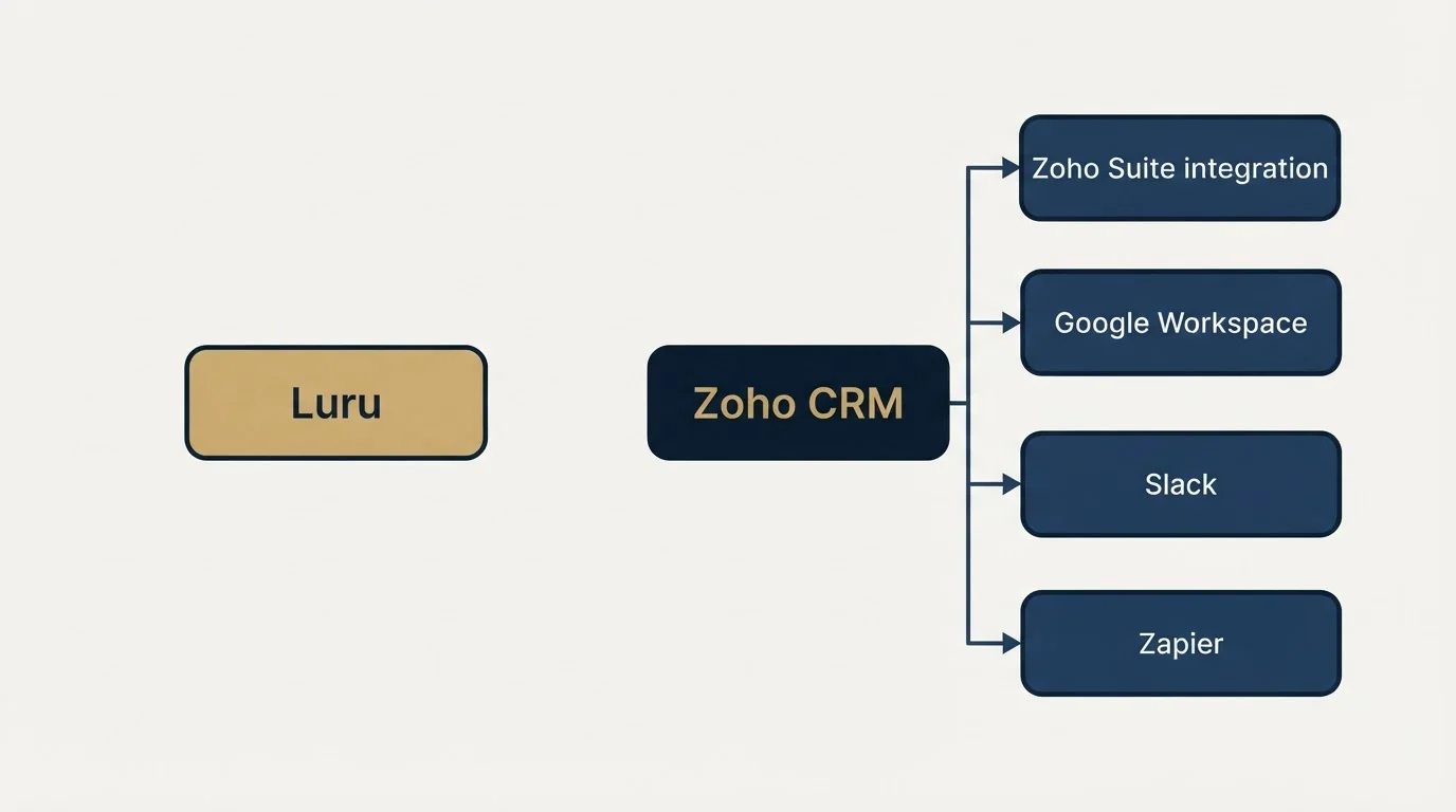 Integration flow: Integration Ecosystem (Luru, Zoho CRM, Zoho Suite integration, Google Workspace)
