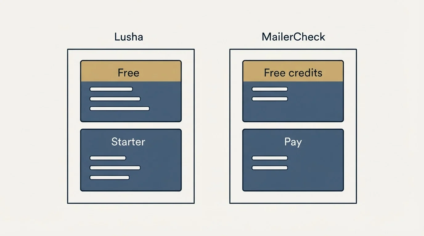 Pricing panels: Pricing Comparison (Lusha, MailerCheck, Free, Free credits)