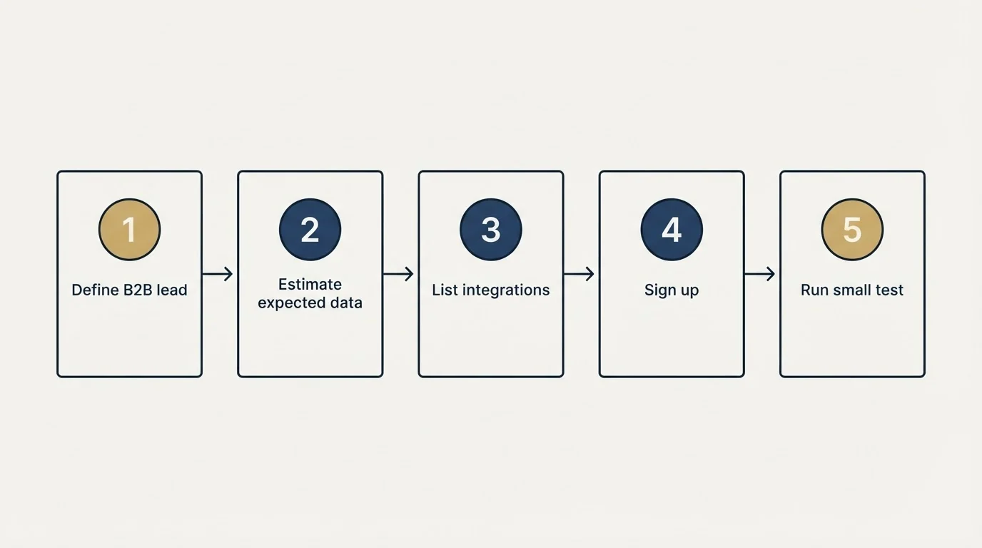 Step sequence: Getting Started Checklist (Define B2B lead, Estimate expected data, List integrations, Sign up)
