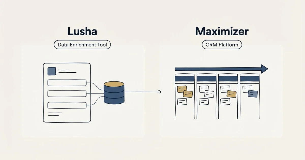Side-by-side panels: Lusha vs Maximizer (Data Enrichment Tool, CRM Platform)