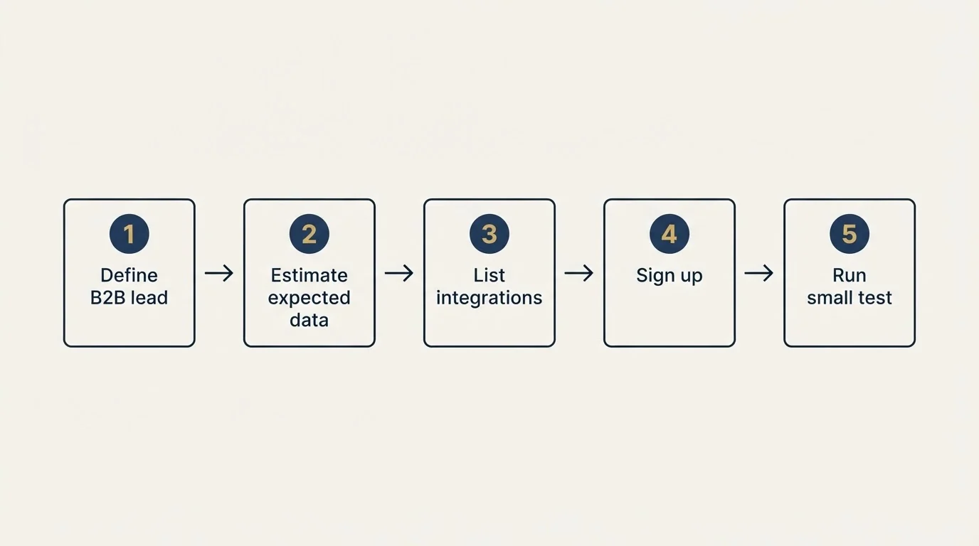 Step sequence: Getting Started Checklist (Define B2B lead, Estimate expected data, List integrations, Sign up)