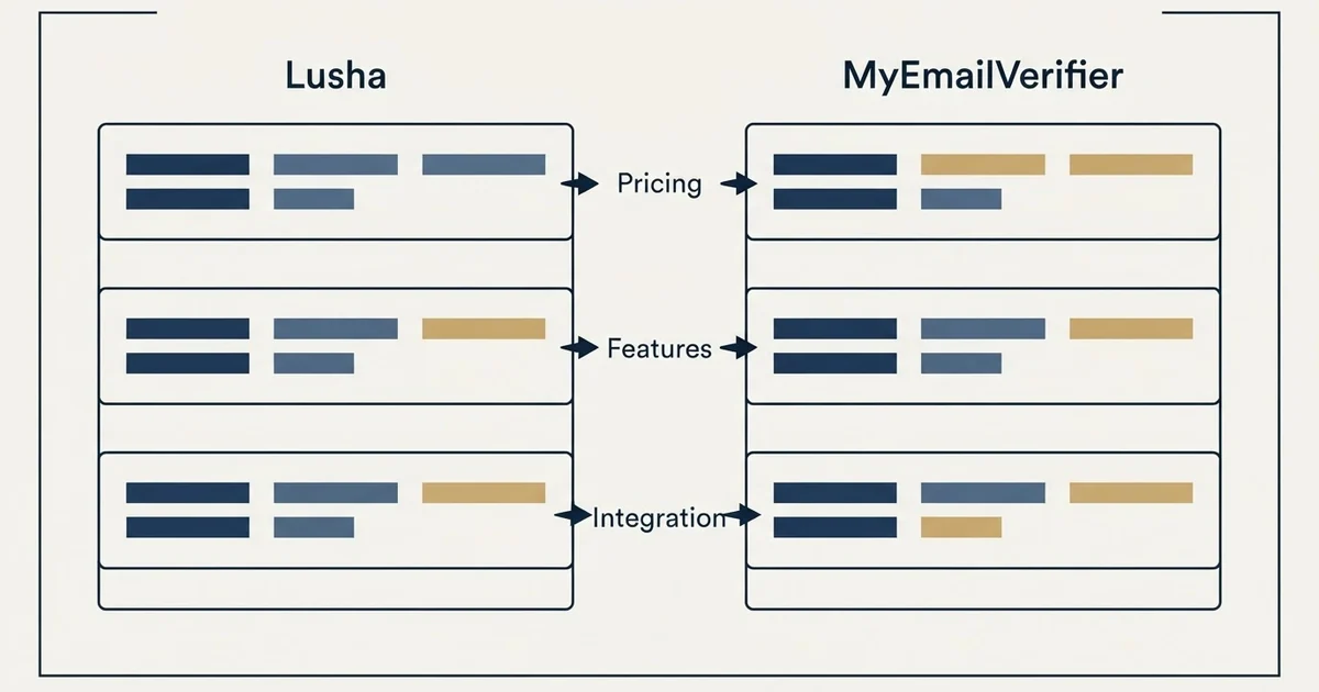 Comparison panel: Lusha vs MyEmailVerifier (Pricing, Features, Integration)