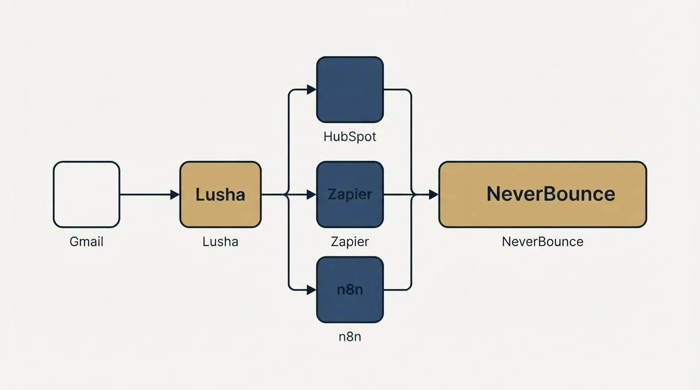 Integration flow: Integration Ecosystem (Lusha, NeverBounce, HubSpot, Zapier)
