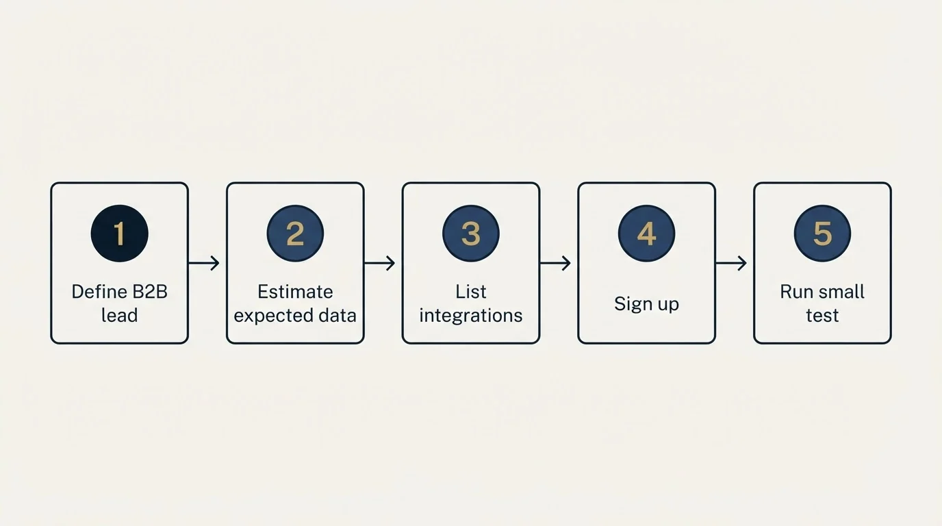 Step sequence: Getting Started Checklist (Define B2B lead, Estimate expected data, List integrations, Sign up)