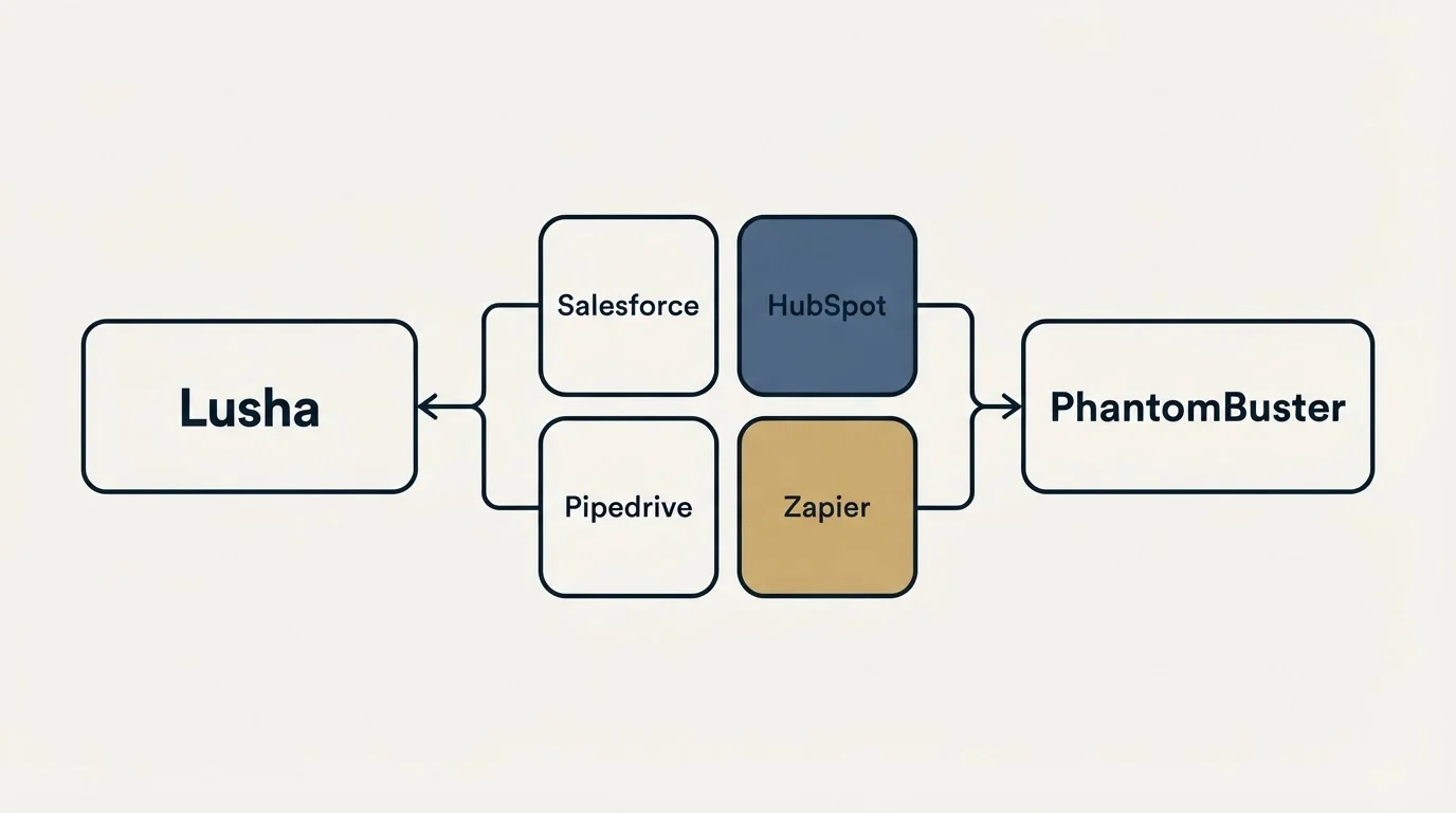 Integration schematic: Integration Ecosystem (Lusha, PhantomBuster, Salesforce, HubSpot)