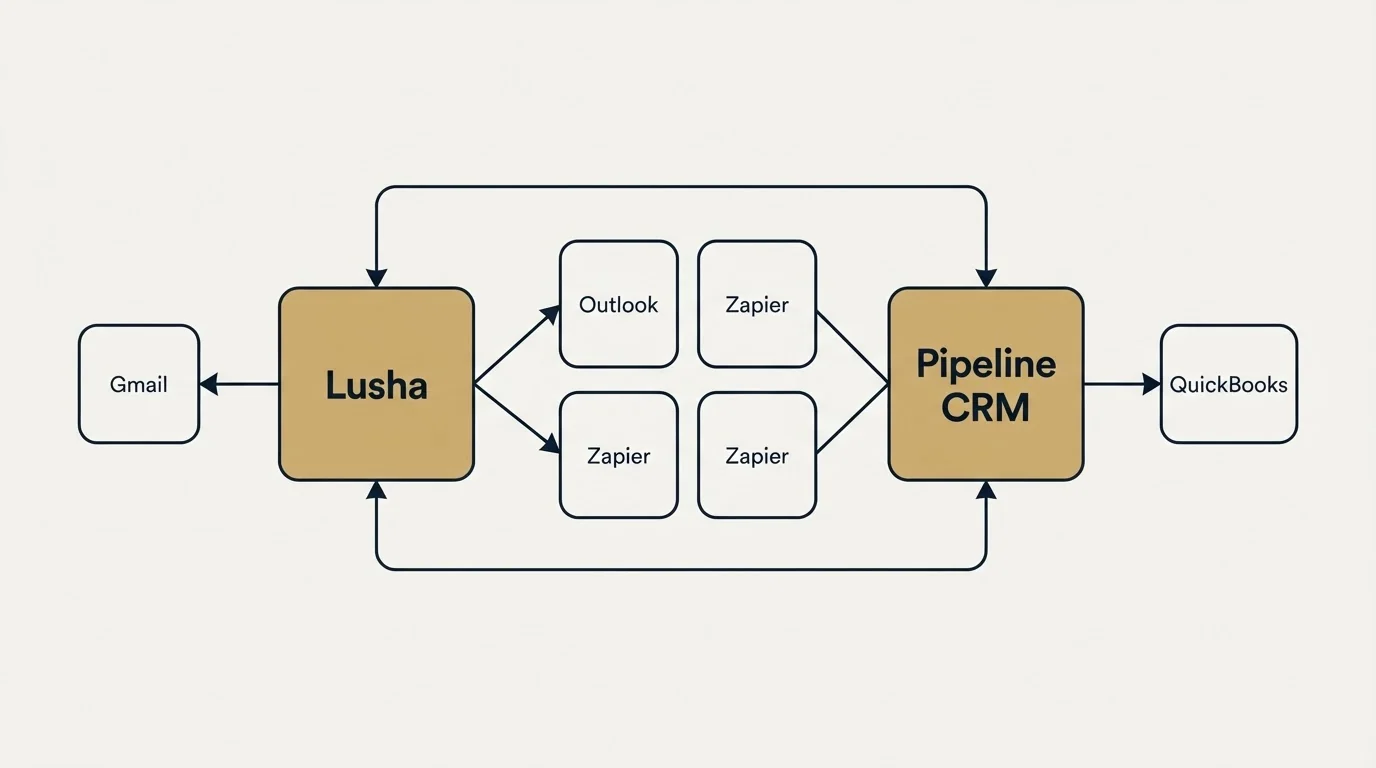 Integration schematic: Integration Ecosystem (Lusha, Pipeline CRM, Outlook, Zapier)