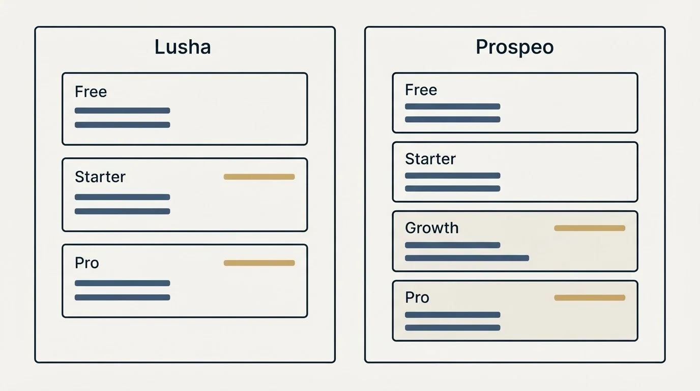 Pricing panels: Pricing Comparison (Lusha, Prospeo, Free, Starter)