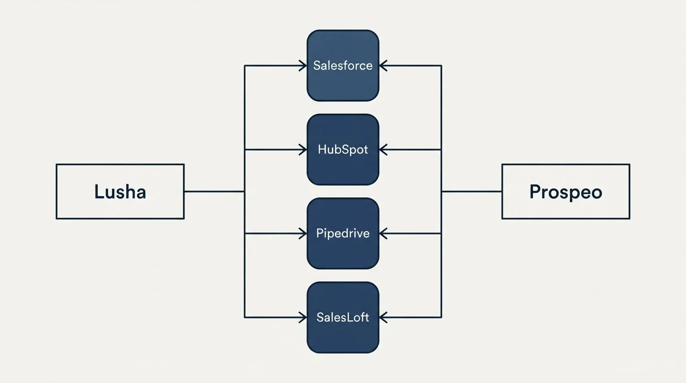Integration flow: Integration Ecosystem (Lusha, Prospeo, Salesforce, HubSpot)