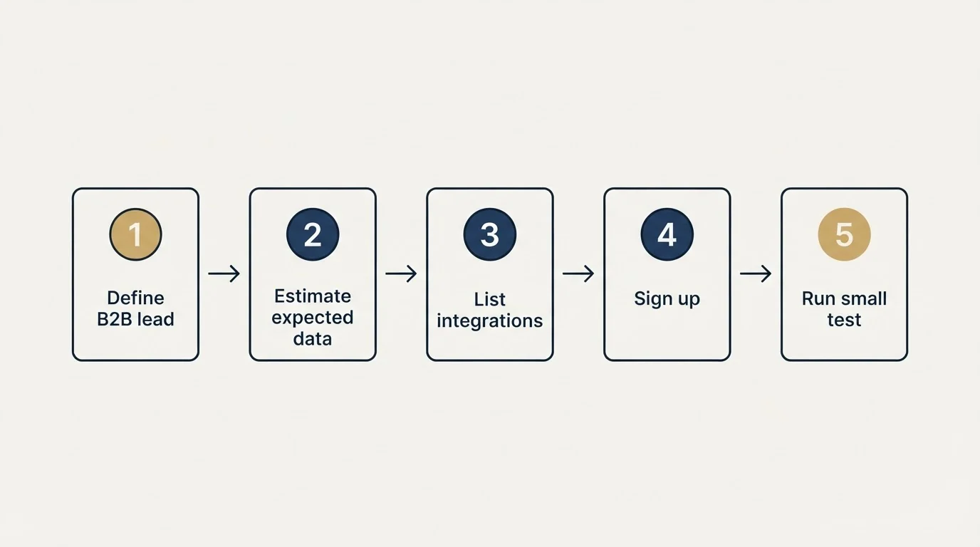 Step sequence: Getting Started Checklist (Define B2B lead, Estimate expected data, List integrations, Sign up)