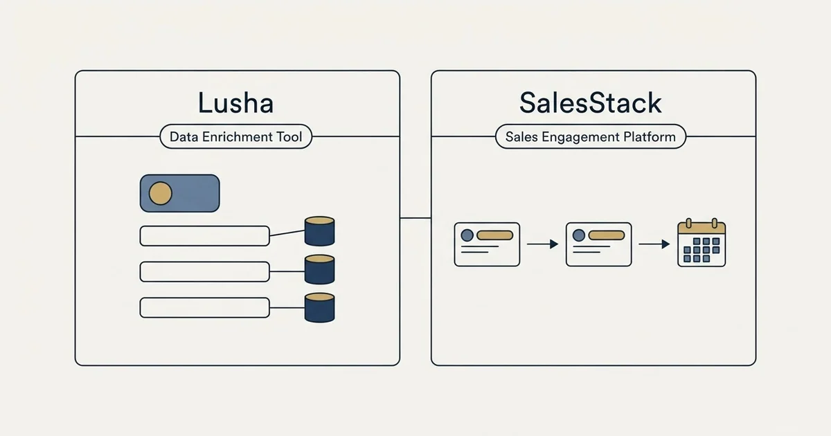 Side-by-side panels: Lusha vs SalesStack (Data Enrichment Tool, Sales Engagement Platform)