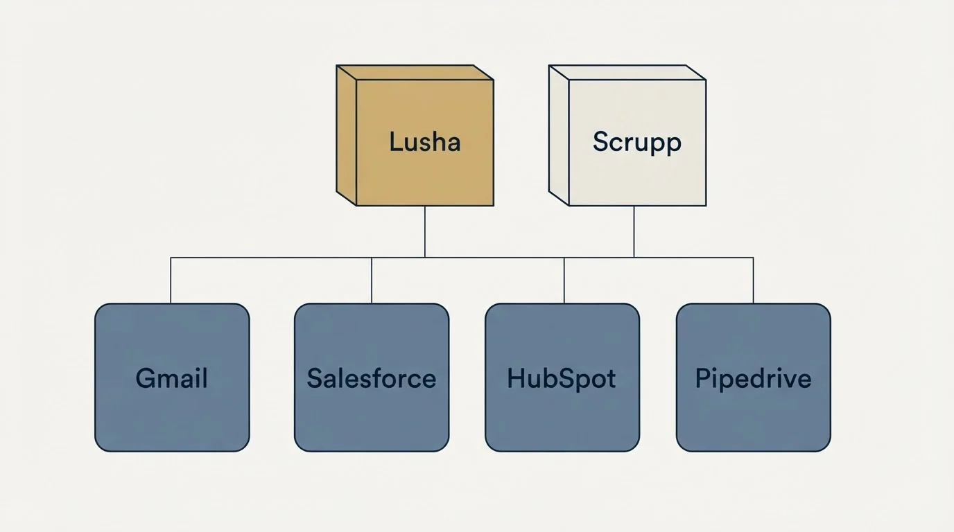 Integration grid: Integration Ecosystem (Lusha, Scrupp, Salesforce, HubSpot)
