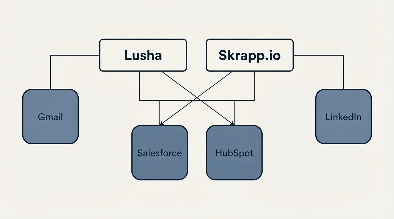 Integration grid: Integration Ecosystem (Lusha, Skrapp.io, Salesforce, HubSpot)