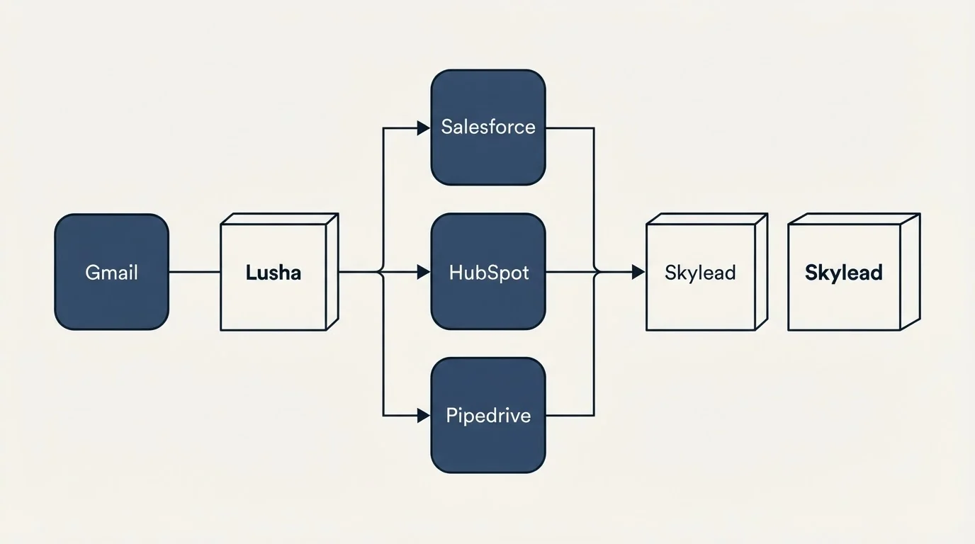 Integration flow: Integration Ecosystem (Lusha, Skylead, Salesforce, HubSpot)