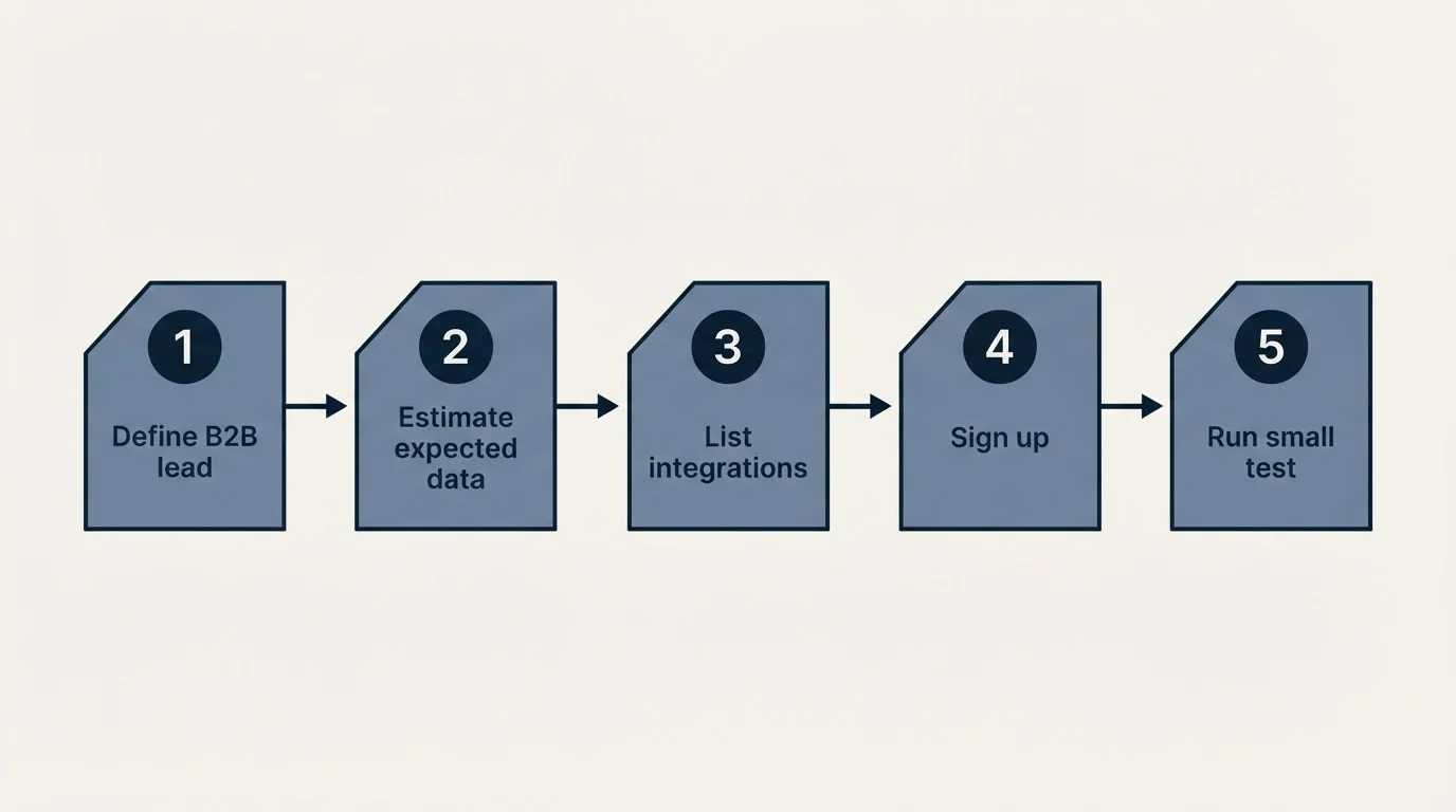 Step sequence: Getting Started Checklist (Define B2B lead, Estimate expected data, List integrations, Sign up)