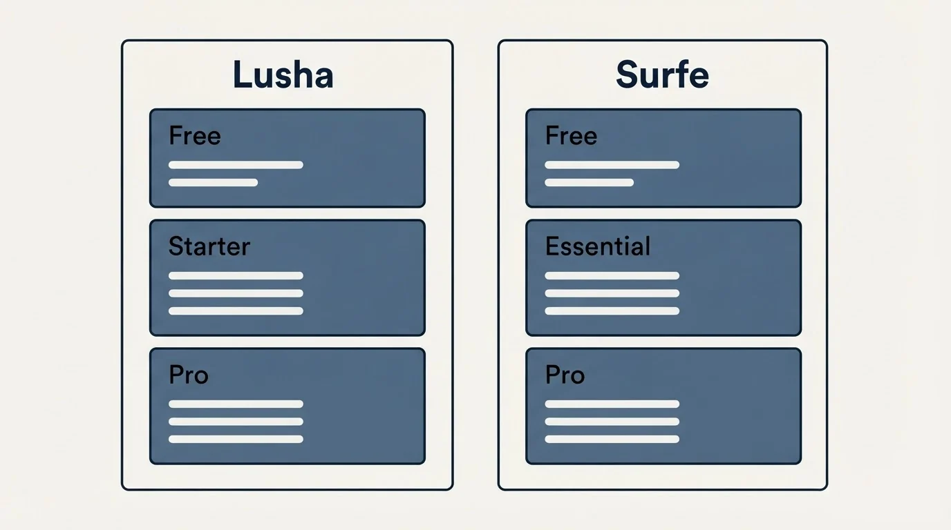 Pricing panels: Pricing Comparison (Lusha, Surfe, Free, Starter)