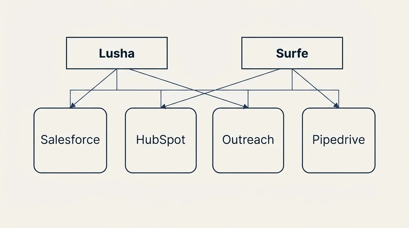 Integration grid: Integration Ecosystem (Lusha, Surfe, Salesforce, HubSpot)