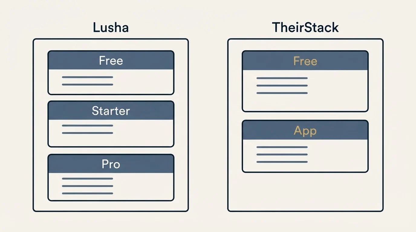 Pricing panels: Pricing Comparison (Lusha, TheirStack, Free, Starter)