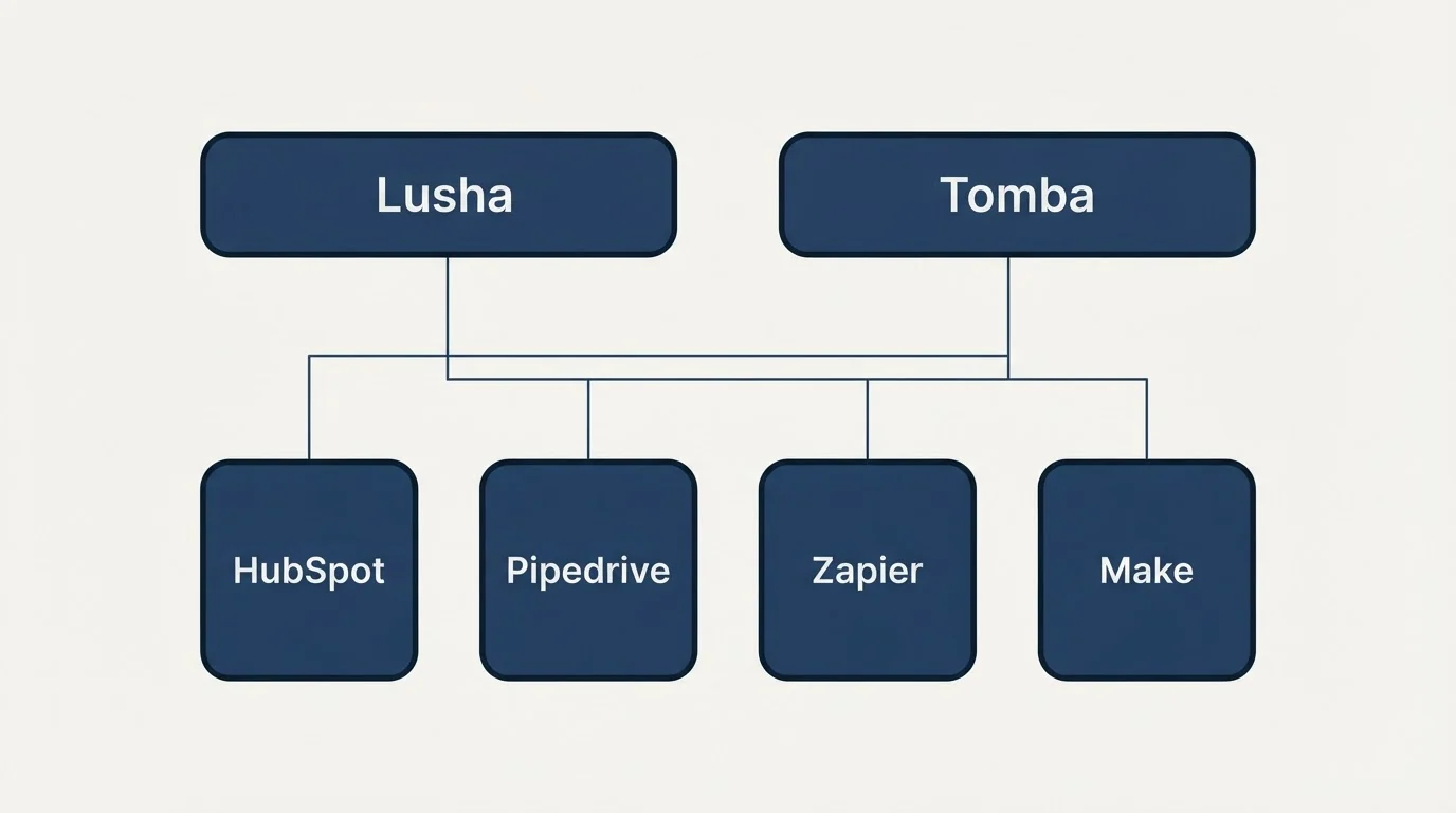 Integration grid: Integration Ecosystem (Lusha, Tomba, HubSpot, Pipedrive)