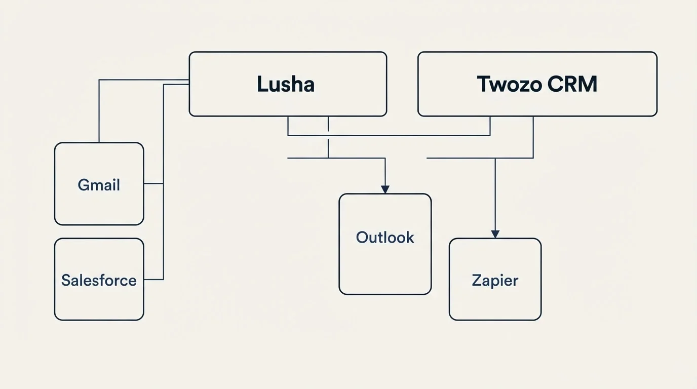 Integration grid: Integration Ecosystem (Lusha, Twozo CRM, Outlook, Zapier)