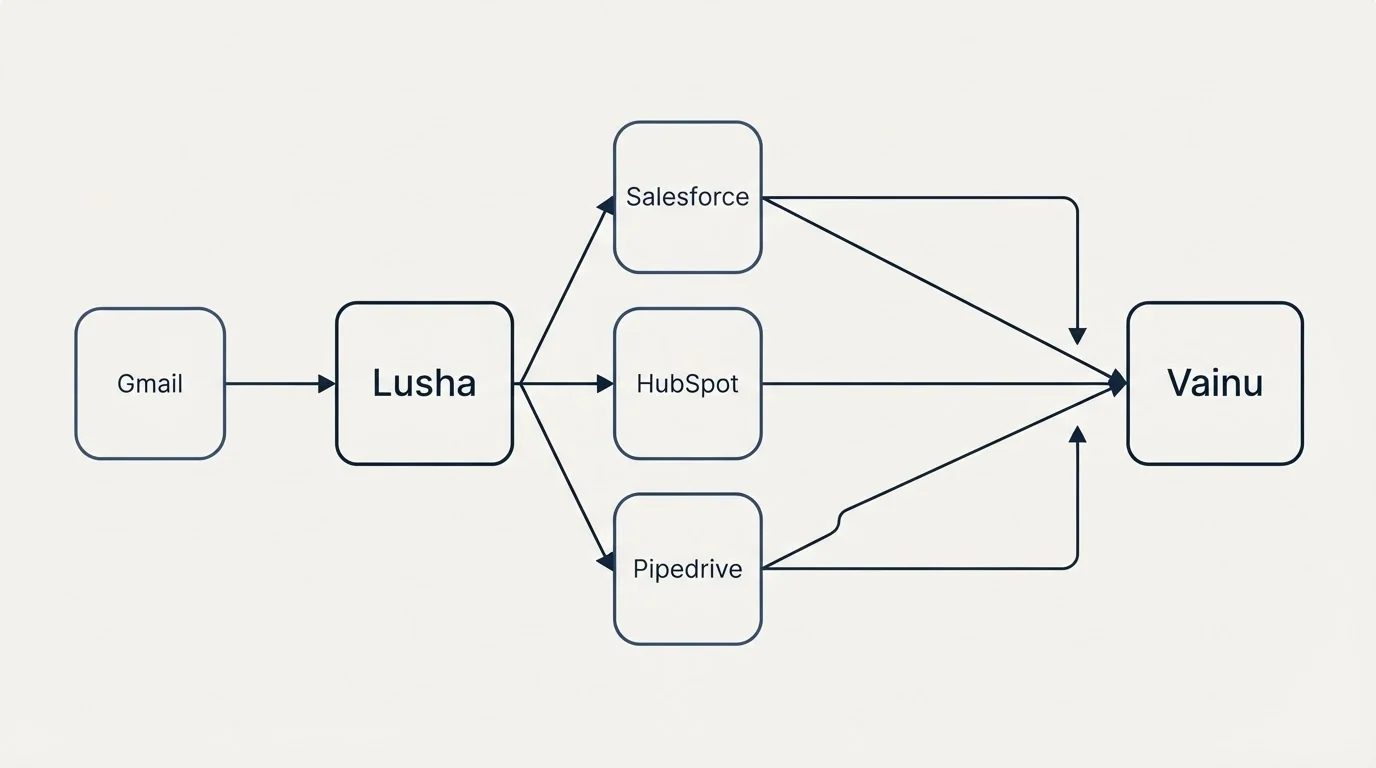 Integration schematic: Integration Ecosystem (Lusha, Vainu, Salesforce, HubSpot)