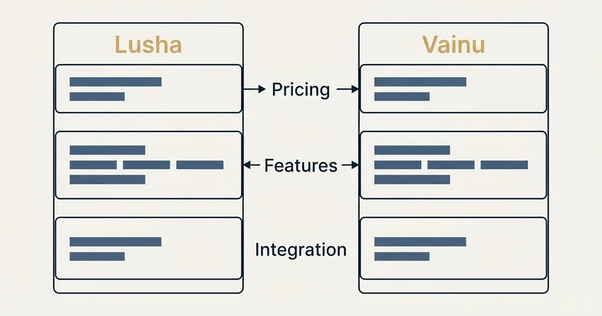 Comparison panel: Lusha vs Vainu (Pricing, Features, Integration)